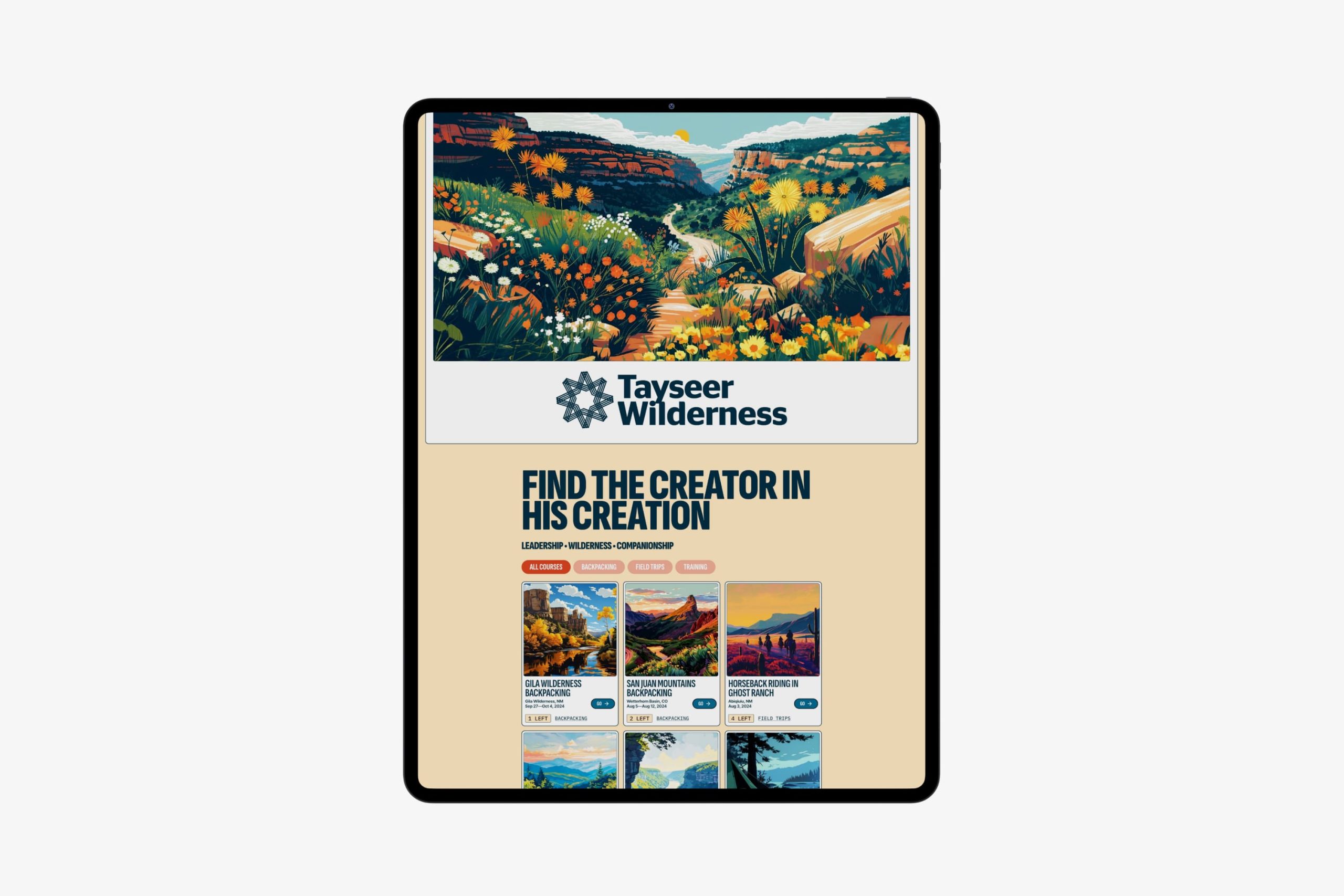 Tablet displaying the Tayseer Wilderness homepage with an illustrated wildflower canyon header, program category filters, and expedition cards.