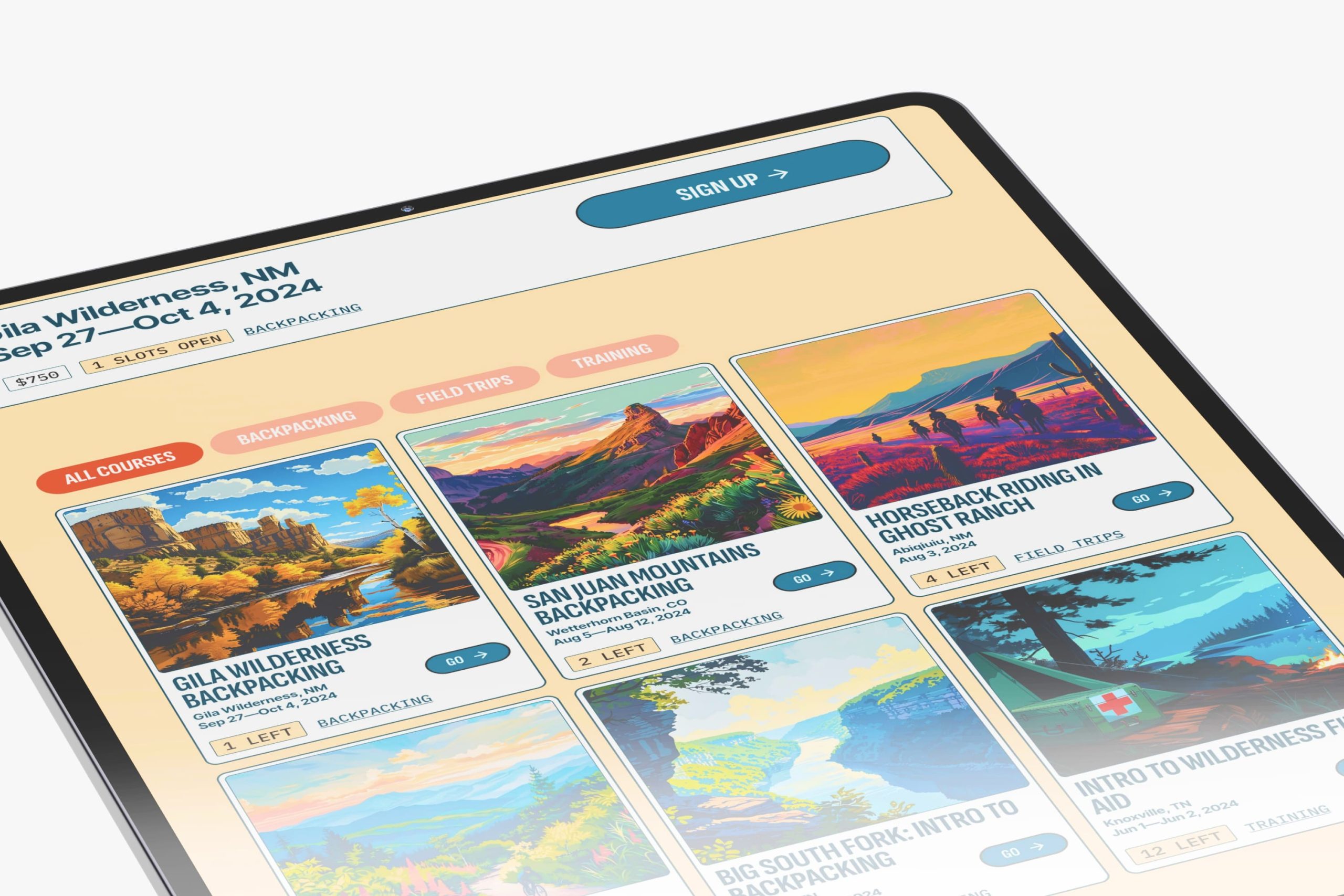 Angled close-up of a tablet screen displaying expedition cards for Gila Wilderness Backpacking, San Juan Mountains, and Horseback Riding in Ghost Ranch.