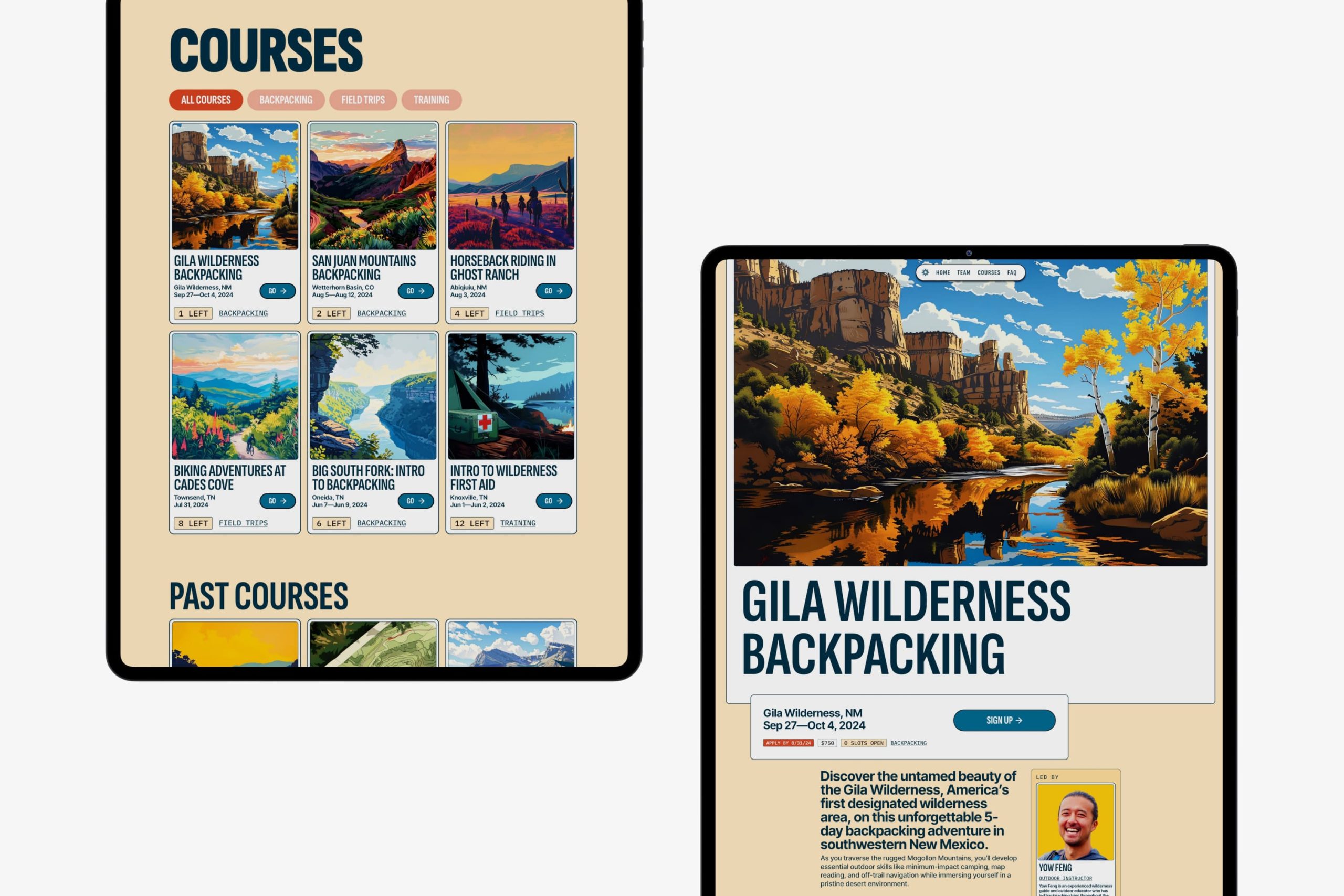 Two tablets showing the course listings catalog on the left and the Gila Wilderness Backpacking course detail page with canyon illustration and instructor bio on the right.