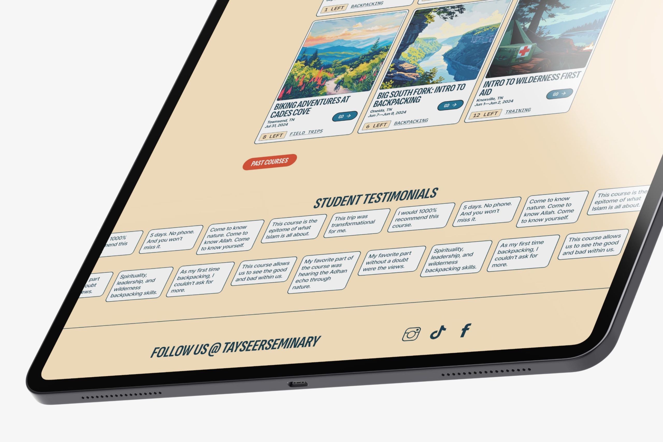 Angled close-up of a tablet screen showing the Student Testimonials quote bubble section and social media links.