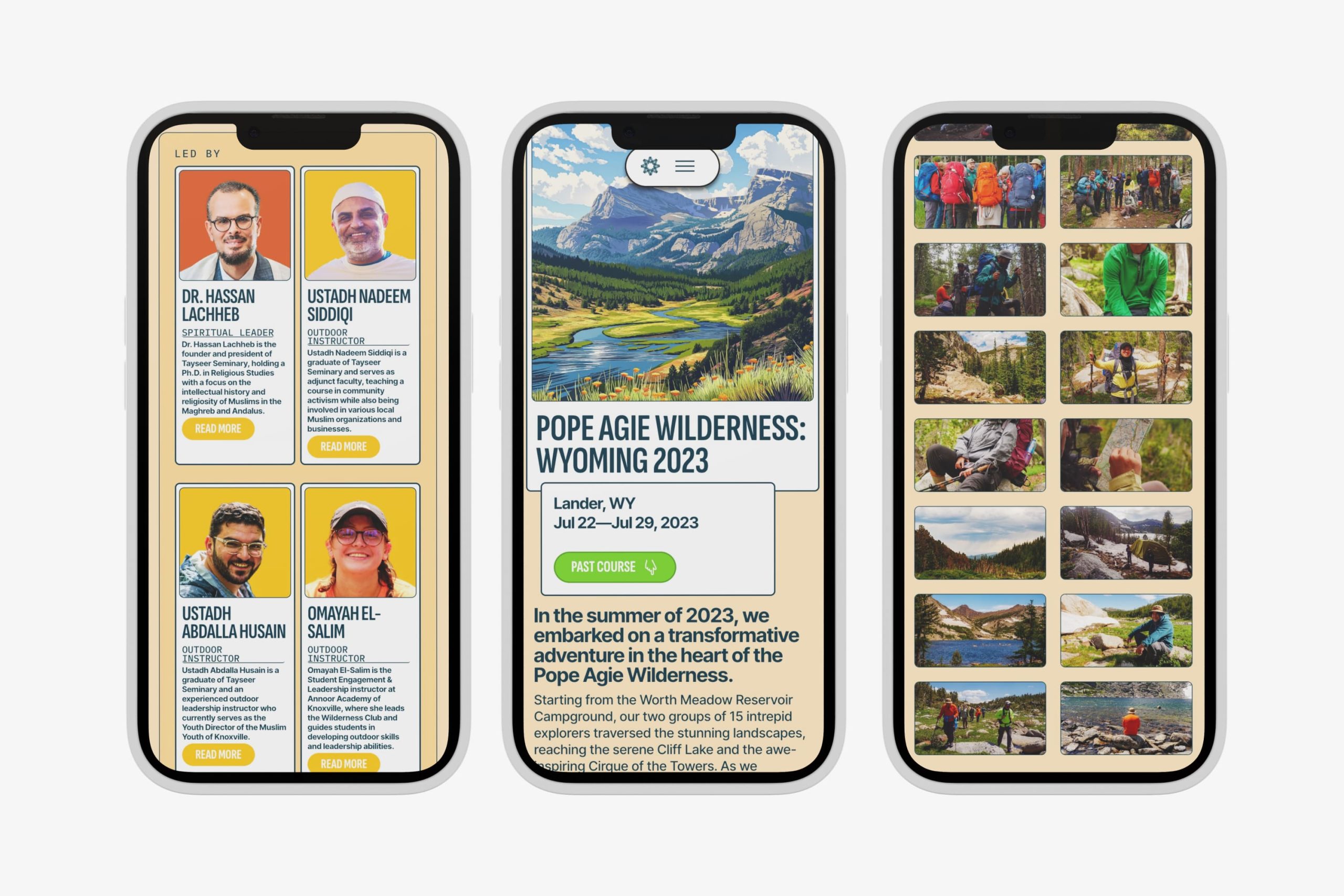 Three mobile screens displaying instructor bios, the Popo Agie Wilderness Wyoming course page, and a ten-photo expedition gallery.
