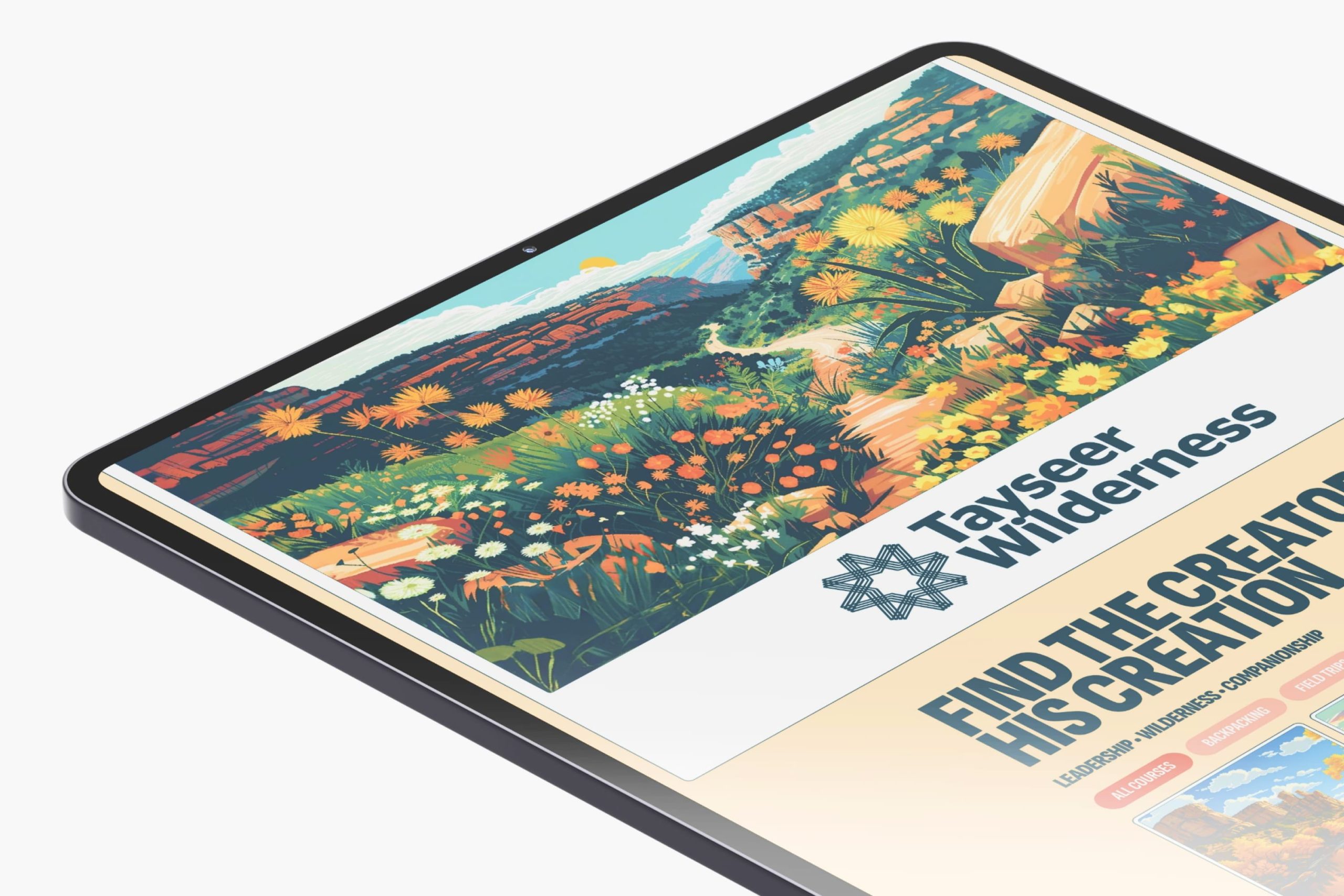 Angled close-up of a tablet screen showing the illustrated red rock canyon and wildflower meadow banner with the Tayseer Wilderness geometric star logo.